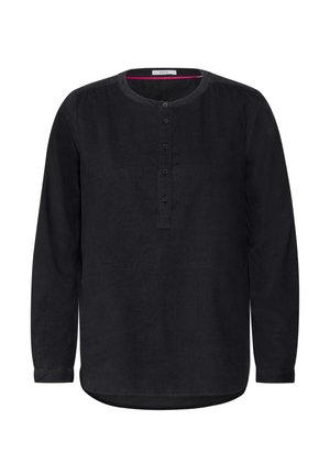 Camisa negra de manga larga con cuello redondo, cierre frontal de botones y cuello interior rosa en contraste. Hecha de una tela ligera.