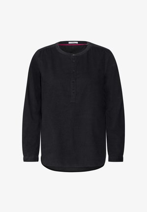 Camisa negra de manga larga con cuello redondo, cierre frontal de botones y cuello interior rosa en contraste. Hecha de una tela ligera.