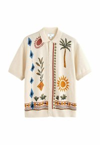 Kremhvid cardigan med korte ærmer, dekoreret med farverig blomster- og geometrisk broderi, med knaplukning og klassisk krave.