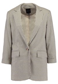 Kostkovaný blazer v béžové a námořnické modři, s klopovým límcem, jednobodovým zapínáním, dvěma předními kapsami a rukávy tříčtvrteční délky.