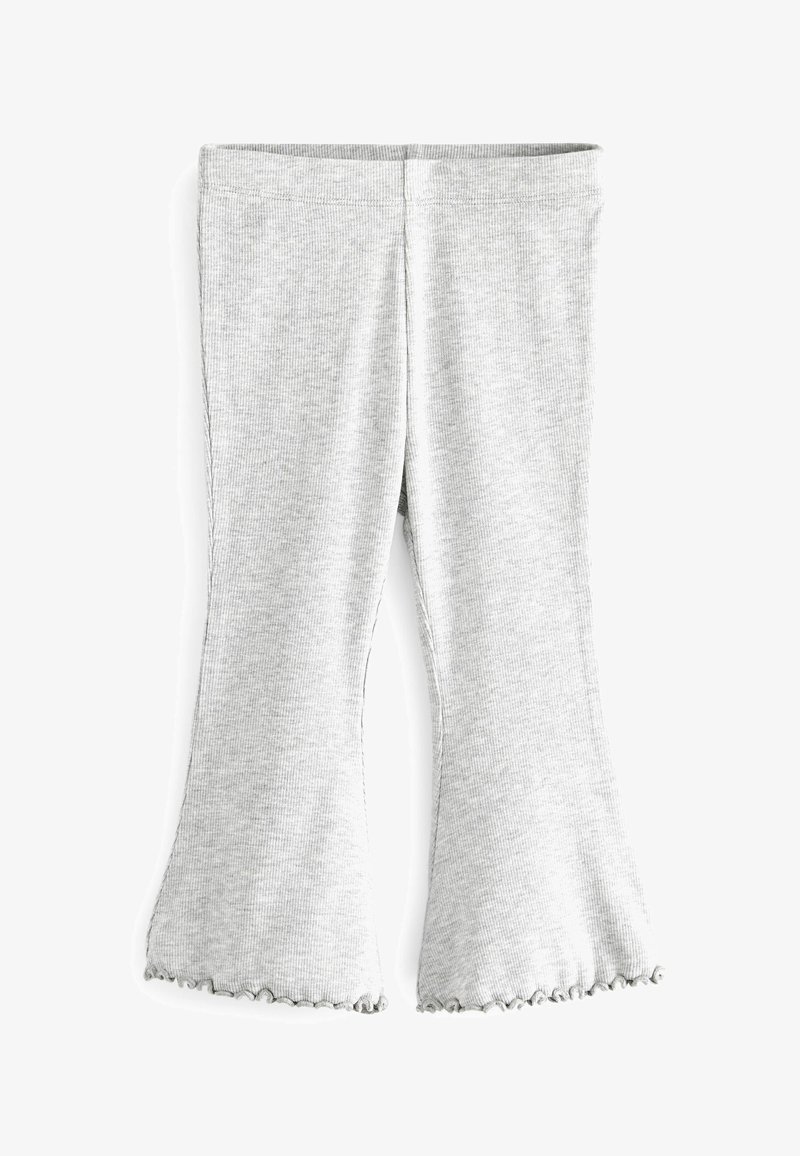 Leggings a zampa d'elefante grigio chiaro a coste con orlo ondulato e vita elasticizzata. Il tessuto texturizzato offre una vestibilità aderente e flessibilità.