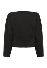 Jachetă neagră scurtă cu mâneci lungi, având un guler drept, o textură netedă și detalii plisate la cusăturile umerilor.