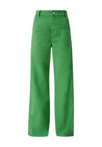 Pantalon vert taille haute à jambes larges, fermeture devant par boutons et fermeture éclair, passants pour ceinture et poches latérales.