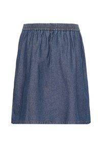 Jupe en denim bleu avec taille élastique, taille froncée et ourlet droit, présentée sur un fond blanc.