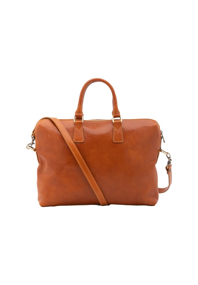 Borsa a mano in pelle marrone con finitura lucida, dotata di due manici superiori, una tracolla regolabile e chiusura con zip.