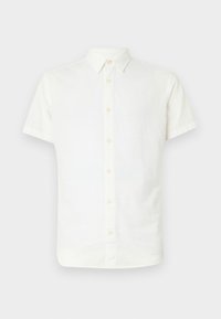 Short-sleeve white button-up shirt made of lightweight fabric, featuring a classic collar and soft, smooth texture with light tan buttons.