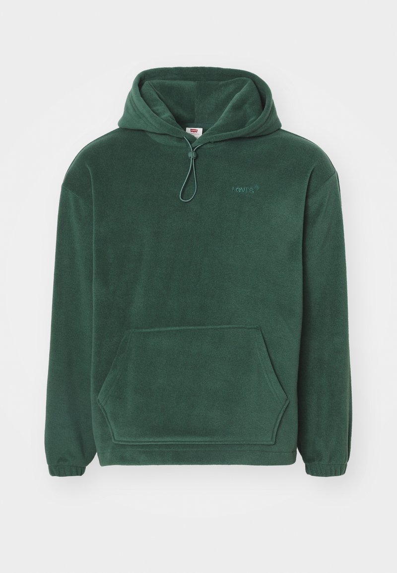 Dunkelgrüner Fleece-Hoodie mit Kängurutasche, elastischen Bündchen, verstellbarem Kordelzug an der Kapuze und gesticktem Logo auf der Brust.