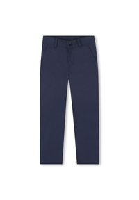 Pantalon bleu marine en mélange de coton, avec fermeture à bouton, passants de ceinture, poches avant et coupe droite.
