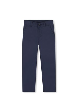 Pantalon bleu marine en mélange de coton, avec fermeture à bouton, passants de ceinture, poches avant et coupe droite.