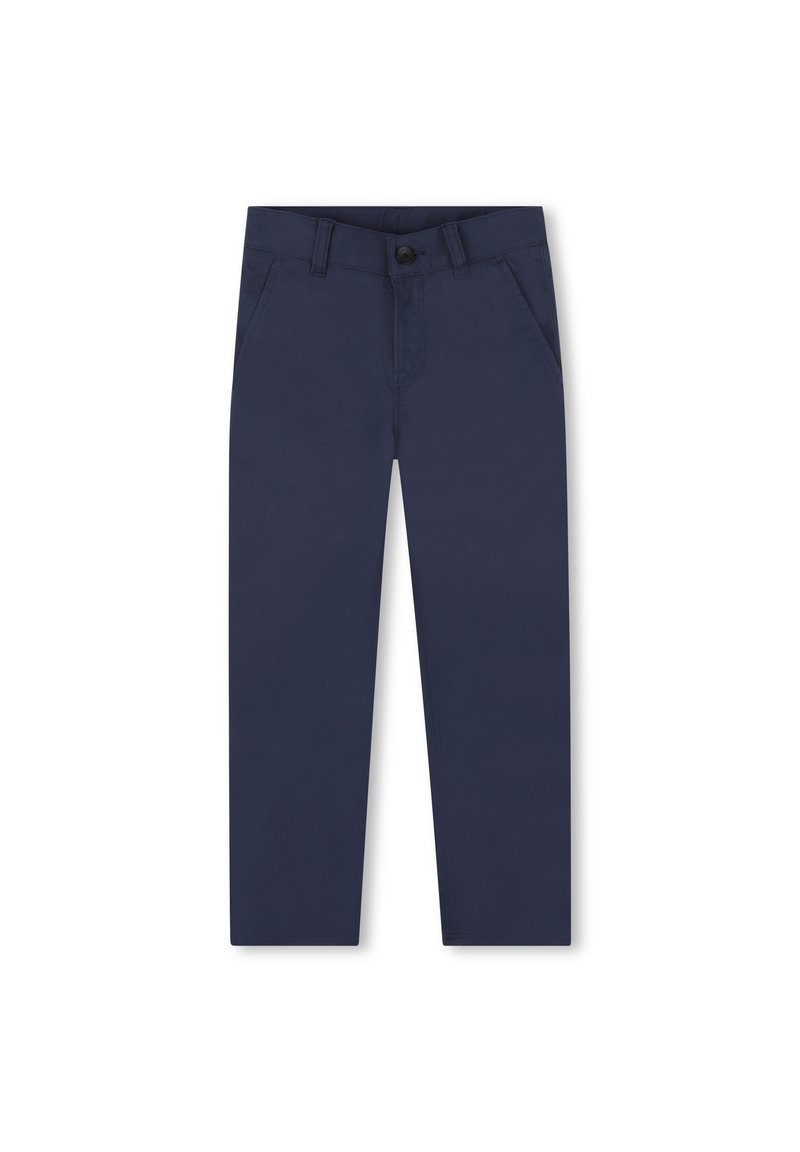 Pantalon bleu marine en mélange de coton, avec fermeture à bouton, passants de ceinture, poches avant et coupe droite.