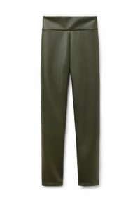 Gröna leggings gjorda av ett glatt, elastiskt material med hög midja. Designen har en åtsittande silhuett och inga synliga mönster.