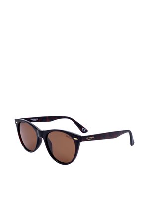 Occhiali da sole con montatura rotonda color tartaruga scuro e lenti marroni, con marchio Lee Cooper London sulle aste.