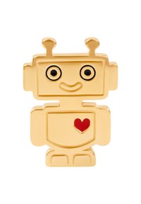 Złota figurka robota z czarnymi oczami, uśmiechniętą buzią i czerwonym sercem na klatce piersiowej. Gładkie, błyszczące wykończenie o zaokrąglonych kształtach.