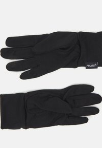 Black fabric gloves with a smooth texture, featuring four finger compartments and a cuff for added warmth. Brand label visible on the wrist.