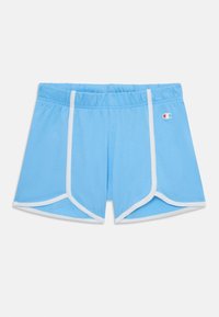 Pantaloni sportivi azzurri chiari realizzati in tessuto morbido, con bordi bianchi, una vita elasticizzata e un piccolo logo sul davanti.