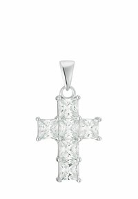 Pendente a forma di croce con sette gemme trasparenti a taglio quadrato incastonate in griffe d'argento, dotato di un elegante anello d'argento per la catena.