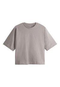 T-shirt uni gris clair à manches courtes et col rond avec une coupe décontractée présenté sur fond blanc.