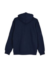 Sudadera con capucha de color azul marino, de manga larga, puños acanalados y dobladillo recto. Textura de tela suave, sin patrones ni acentos visibles.