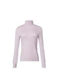 Różowy sweter typu golf wyk wykonany z miękkiego, lekkiego dzianiny. Posiada długie rękawy oraz ściągacze przy kołnierzu, mankietach i u dołu.