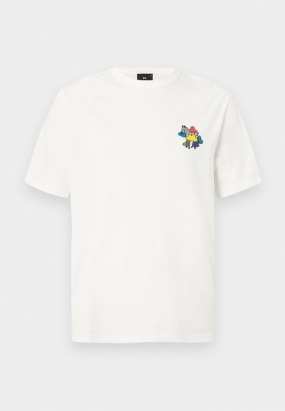 White cotton t-shirt featuring a colorful graphic design on the left chest area. Crew neck and short sleeves with a classic fit.