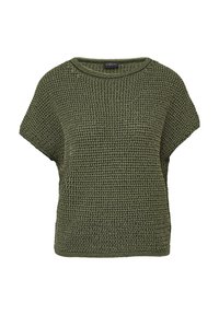 Kurzärmliger Pullover mit Rundhalsausschnitt aus dunkelgrünem Strickstoff, der eine strukturierte, lockere Webart und einen entspannten Schnitt aufweist.