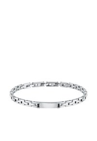 Bracciale in argento con maglie intrecciate, una piastra centrale piatta con due accenti neri, superficie liscia e finitura lucida.