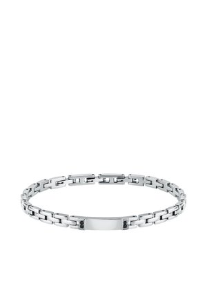 Bracciale in argento con maglie intrecciate, una piastra centrale piatta con due accenti neri, superficie liscia e finitura lucida.