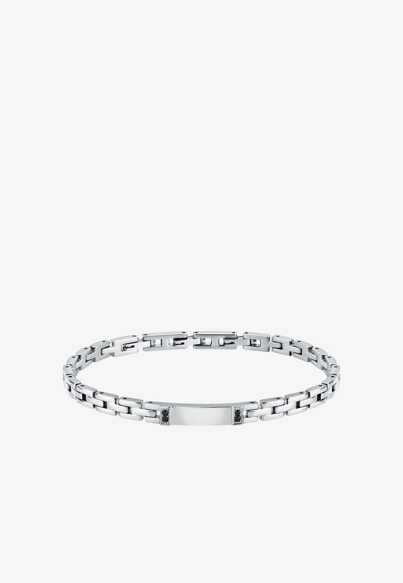 Bracciale in argento con maglie intrecciate, una piastra centrale piatta con due accenti neri, superficie liscia e finitura lucida.