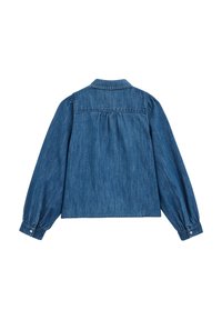 Denim jaka ar apkakles izgriezumu, garām pūkainām piedurknēm un gatherēta aizmugures detaļa. Iezīmē klasisku zilo krāsu un pogājamām aprocēm.