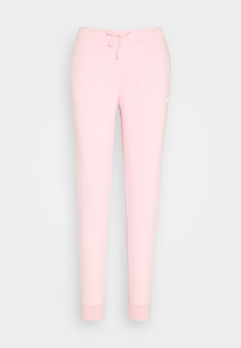 Pantalons de survêtement rose clair avec une taille à cordon, jambes fuselées et logo brodé sur la cuisse. Texture de tissu douce et lisse.