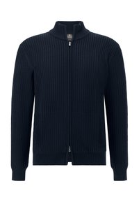 Mornarska zip-up jopica, izdelana iz rebraste tkanine. Ima visok ovratnik, stranske žepe in oprijete manšete z teksturiranim zaključkom.