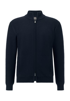 Granatowy sweter zapinany na zamek wykonany z prążkowanej tkaniny. Posiada wysoki kołnierz, boczne kieszenie oraz dopasowane mankiety o teksturowanym wykończeniu.