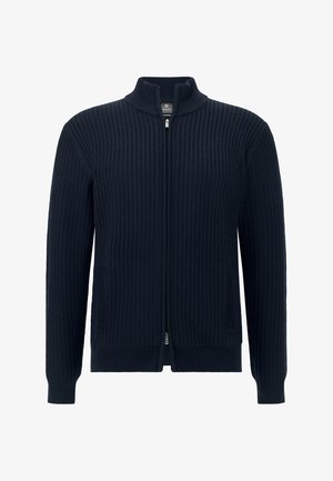 Cardigan zip-up navy in tessuto a costine. Caratterizzato da un colletto alto, tasche laterali e polsini aderenti con finitura testurizzata.