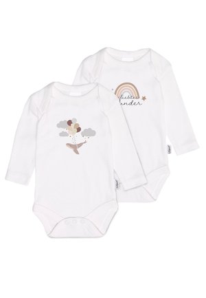 Two long-sleeve white baby bodysuits featuring playful designs: one with a whale, balloons, and clouds; the other with a rainbow and stars.
