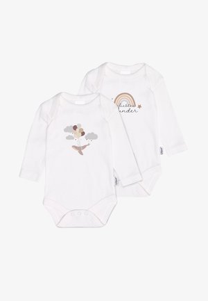 Zwei langärmelige weiße Babybodysuits mit verspielten Designs: einer mit einem Wal, Ballons und Wolken; der andere mit einem Regenbogen und Sternen.
