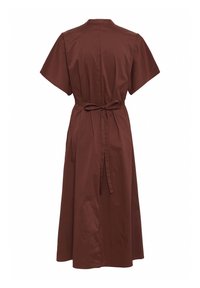 Brown, short-sleeved dress with a fitted bodice and tied waist. Made from a smooth fabric, featuring a knee-length, A-line skirt.