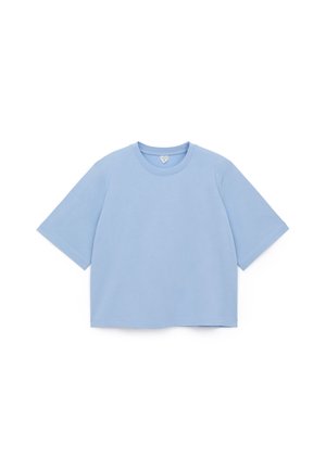 Helles blaues, übergroßes T-Shirt aus weichem Baumwollmaterial, mit Rundhalsausschnitt und kurzen Ärmeln sowie geradem Saum.