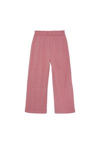 Helle rosa weite Hose aus weichem, strukturiertem Stoff mit elastischem Bund. Hat eine entspannte Passform und keine sichtbaren Muster oder Akzente.