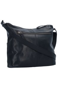 Borsa a tracolla in pelle nera con tasca con zip, texture liscia e tracolla regolabile. Caratterizzata da un design minimalista e cuciture sottili.