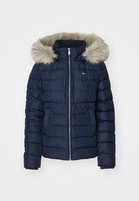 Navy puffer jacket with a faux fur hood, zip front, and two side pockets. Features quilted texture and ribbed cuffs.