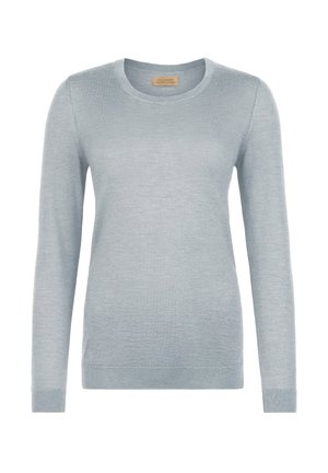 Lyseblå langærmet crewneck trøje med ribkanter ved manchetter og kant, lavet af fint strikket stof.
