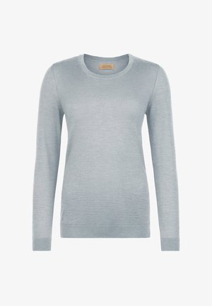 Lyseblå langærmet crewneck trøje med ribkanter ved manchetter og kant, lavet af fint strikket stof.