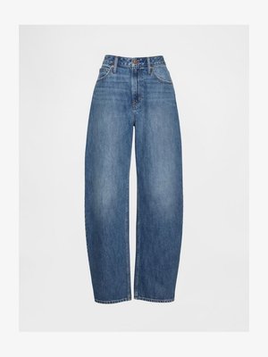 Heled sinine kõrge vöökohaga laiad püksid, mis on valmistatud denimkangast, viie taskuga ja nööbiga sulguriga. Sile tekstuur kerge pleekimisega.
