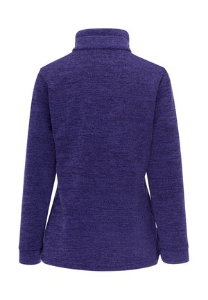 Lila Fleecejacke mit langen Ärmeln und hohem Kragen, von hinten auf weißem Hintergrund gezeigt.
