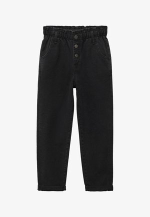 Sorte bukser med høj talje og elastisk linning, tre knapper foran, forlommer og lige ben med manchetter.