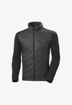 Zwarte jack met een gewatteerde voorkant, gladde zwarte mouwen, hoge kraag en ritssluiting aan de voorkant. Opvallend logo gedrukt op de linkerborst.