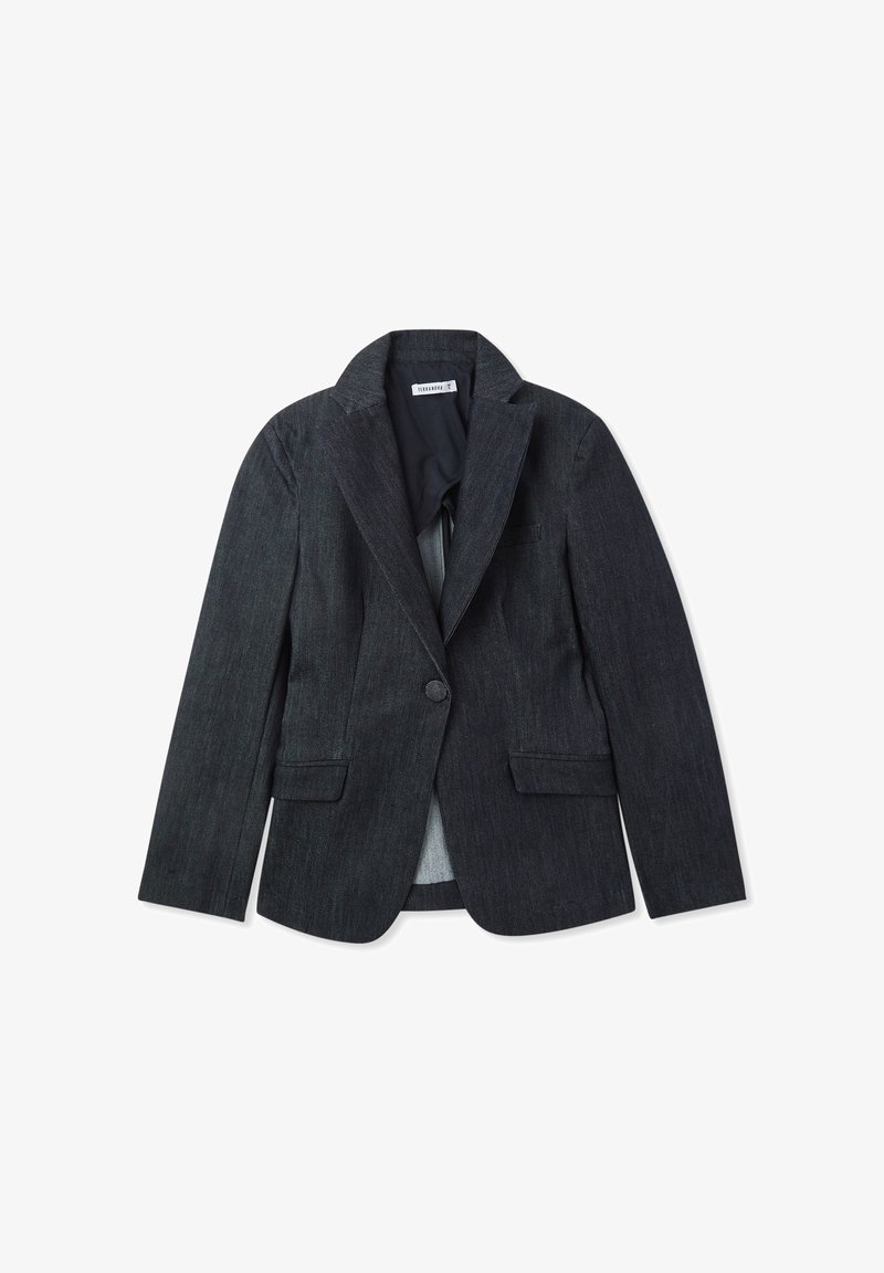Blazer in denim scuro con rever a incavo, chiusura con un solo bottone e due tasche frontali. Presenta una fodera interna liscia e una forma strutturata.