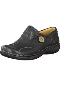 Schwarze Leder-Slipper mit runder Zehenpartie, dekorativem gelbem Knopf, kontrastierenden Nähten und einem bequemen gepolsterten Innenraum.