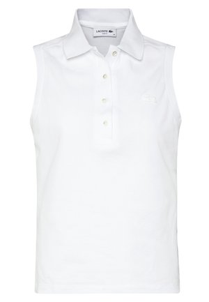 Sleeveless white polo shirt made of cotton. Features a collar, five-button placket, and a small embroidered logo on the chest.