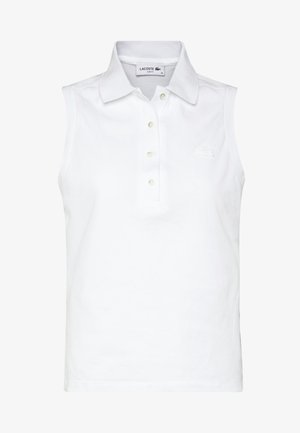 Ujjatlan, fehér, pamut poloing. Krággal, öt gombos záródással és egy kis hímzett logóval a mellkason.